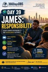 366DaysDBS – Today's Discovery Bible Reading & Prayer - DAY 39 — JAMES: RESPONSIBILITY 2 #366DaysDBS, #DiscoveryBibleStudy, #DiscipleMaking, #Faithfulness, #Responsibility, #PrayerForNations, #Movement, #DBS, #Jesus, #Acts18, #Genesis39, #Psalm39,