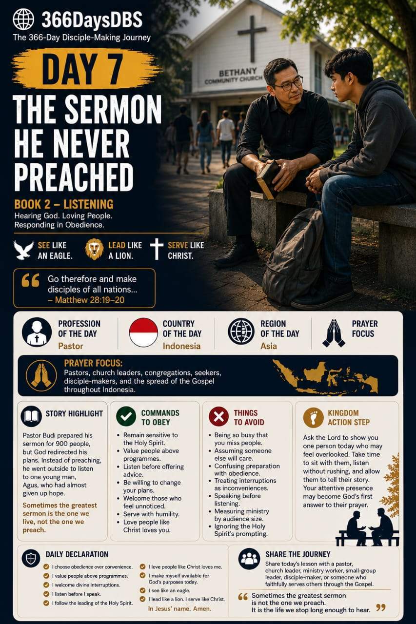 Home - Gods' Eagle Ministries - GEM 137 366DaysDBS - Today's Discovery Bible Reading and Prayer - DAY 7 — THE SERMON HE NEVER PREACHED