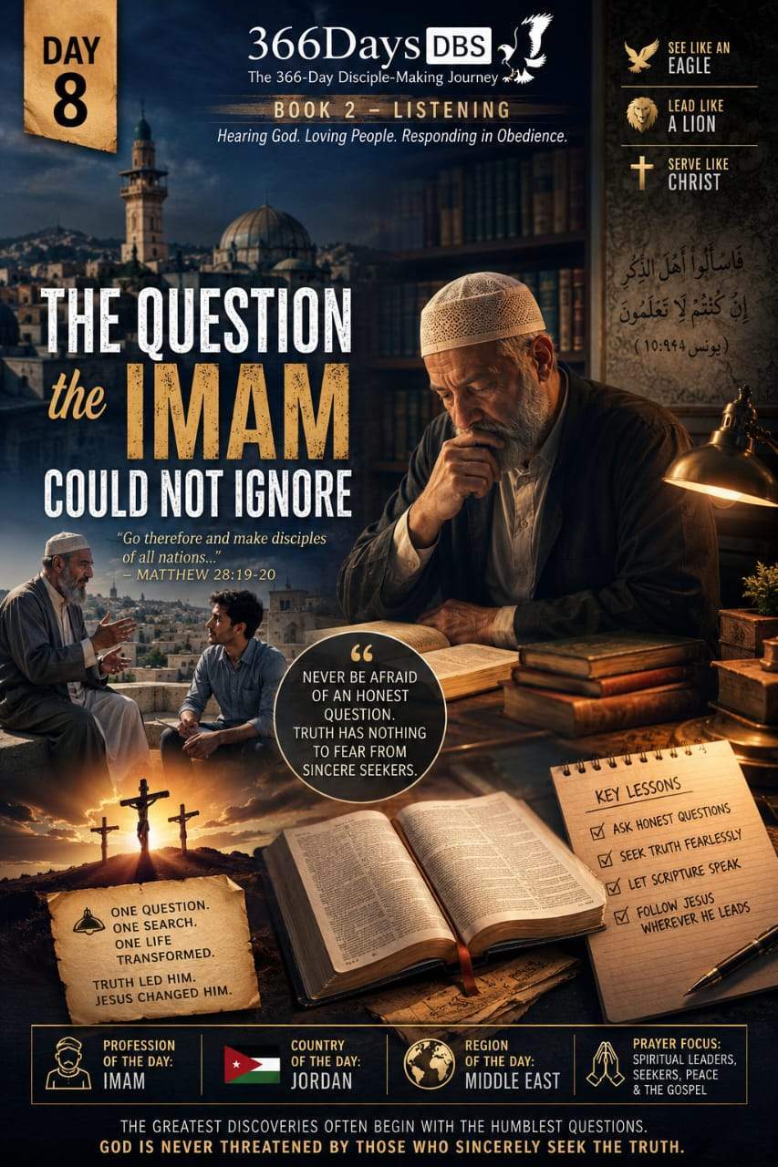 Home - Gods' Eagle Ministries - GEM 139 366DaysDBS - Today's Discovery Bible Reading and Prayer - DAY 8 — THE QUESTION THE IMAM COULD NOT IGNORE